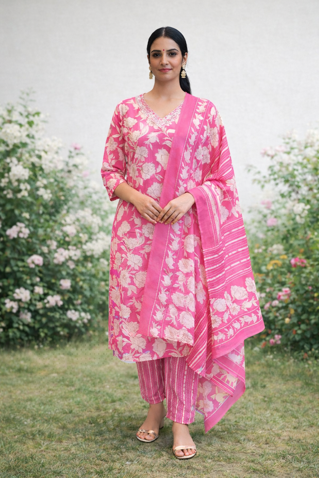 Pink Floral Printed Kurta Set with Pants & Dupatta